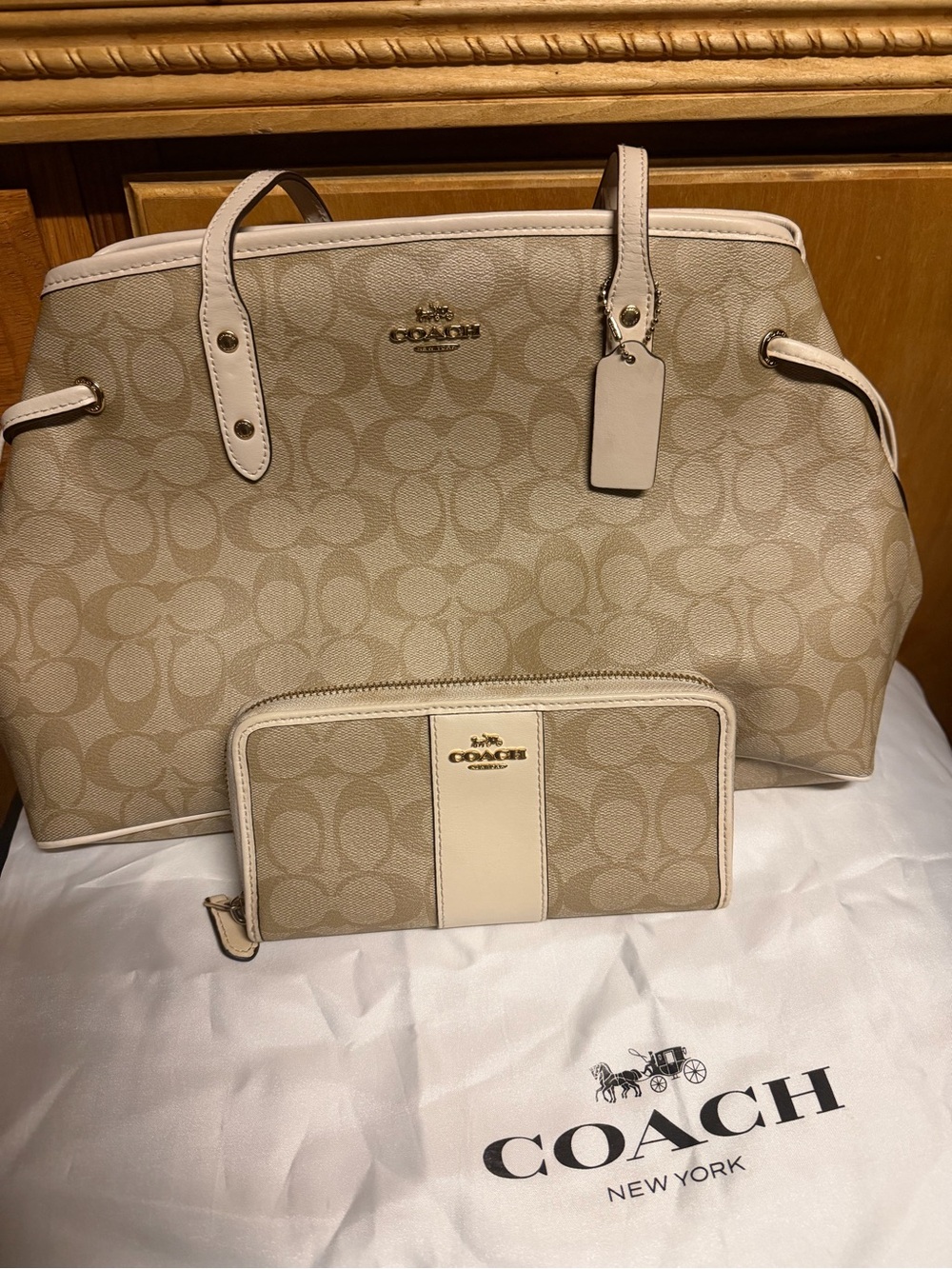 Coach Beige and Cream Signature Tote with Matching Zip Wallet